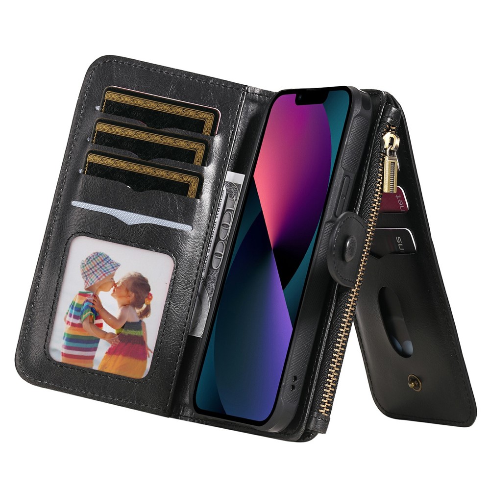 Multifunctional Large Capacity Zipper Pocket Leather Cover Detachable Magnetic Suction Phone Case with Built-in Metal Sheet for iPhone 13 6.1 inch - Black-13