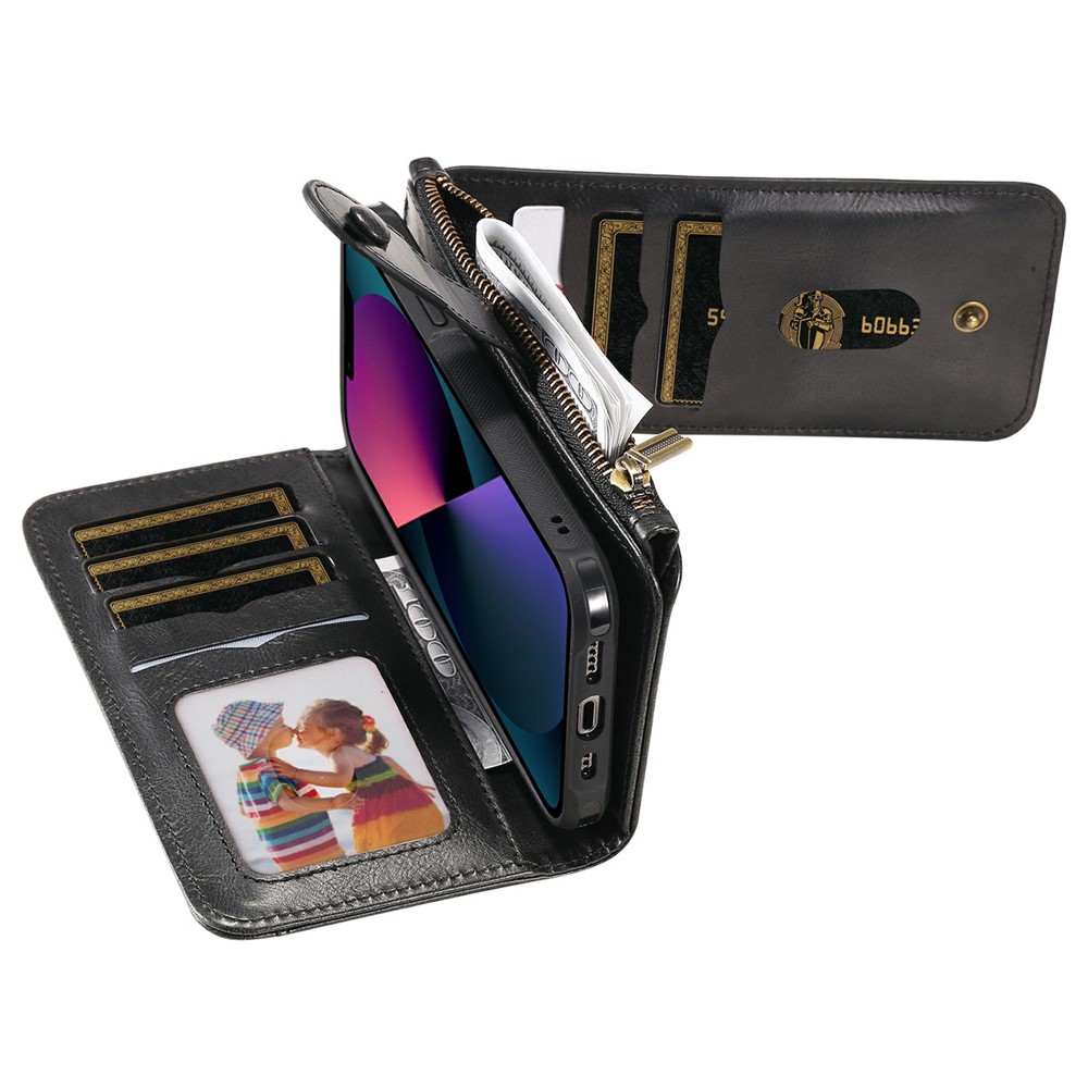 Multifunctional Large Capacity Zipper Pocket Leather Cover Detachable Magnetic Suction Phone Case with Built-in Metal Sheet for iPhone 13 6.1 inch - Black-14
