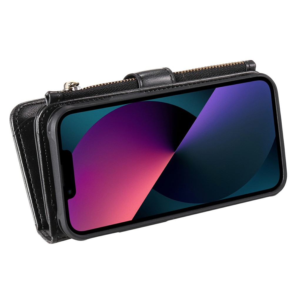 Multifunctional Large Capacity Zipper Pocket Leather Cover Detachable Magnetic Suction Phone Case with Built-in Metal Sheet for iPhone 13 6.1 inch - Black-15