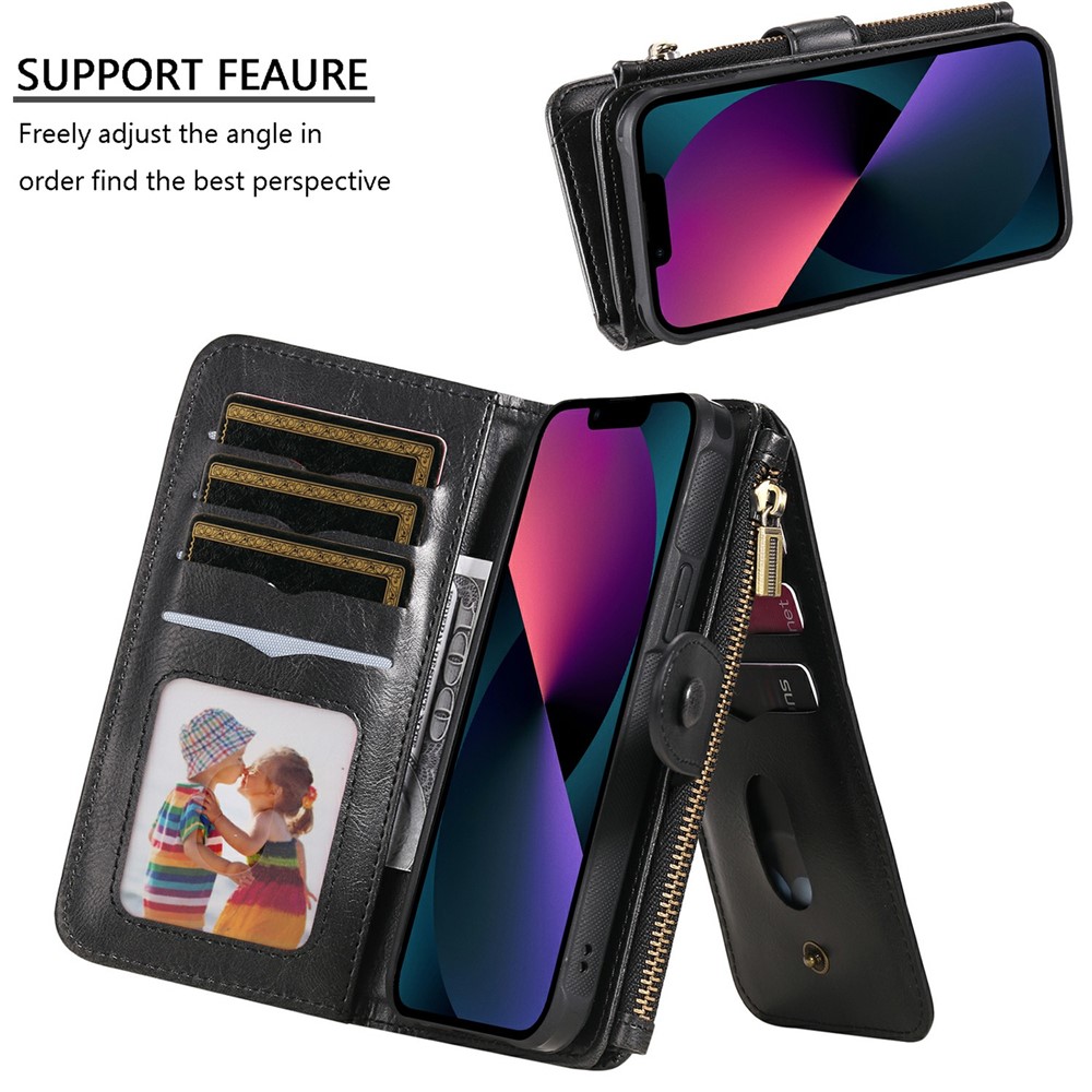 Multifunctional Large Capacity Zipper Pocket Leather Cover Detachable Magnetic Suction Phone Case with Built-in Metal Sheet for iPhone 13 6.1 inch - Black-6