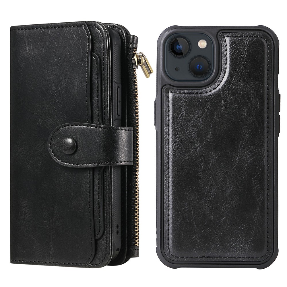 Vintage Style Multifunctional Vertical Flip Zipper Pocket Leather Cover Detachable Leather Coated TPU Phone Case for iPhone 13 mini 5.4 inch - Black-1
