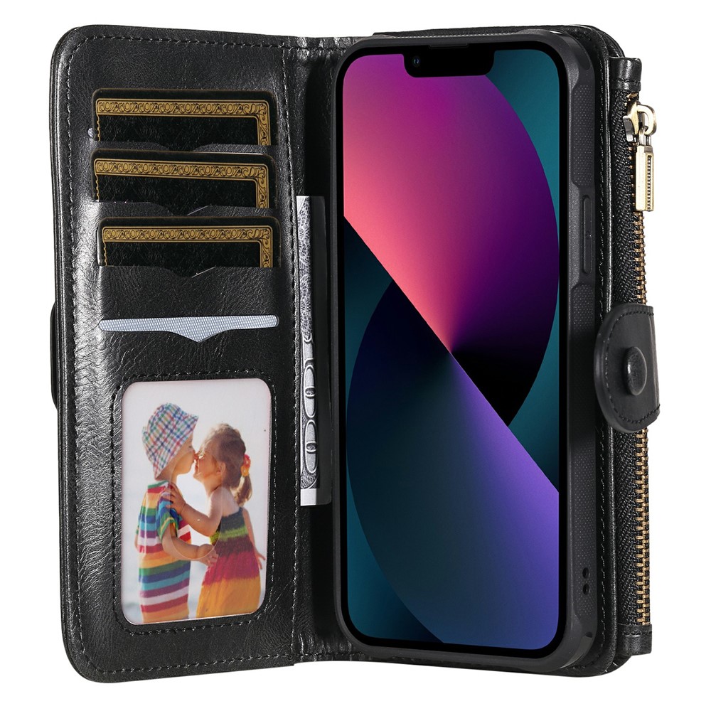 Vintage Style Multifunctional Vertical Flip Zipper Pocket Leather Cover Detachable Leather Coated TPU Phone Case for iPhone 13 mini 5.4 inch - Black-11