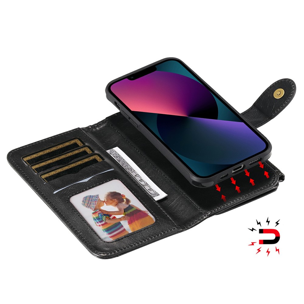 Vintage Style Multifunctional Vertical Flip Zipper Pocket Leather Cover Detachable Leather Coated TPU Phone Case for iPhone 13 mini 5.4 inch - Black-16