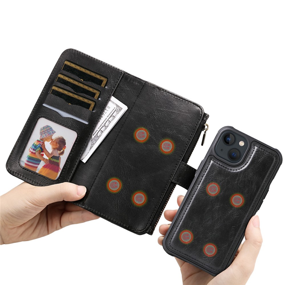 Vintage Style Multifunctional Vertical Flip Zipper Pocket Leather Cover Detachable Leather Coated TPU Phone Case for iPhone 13 mini 5.4 inch - Black-18