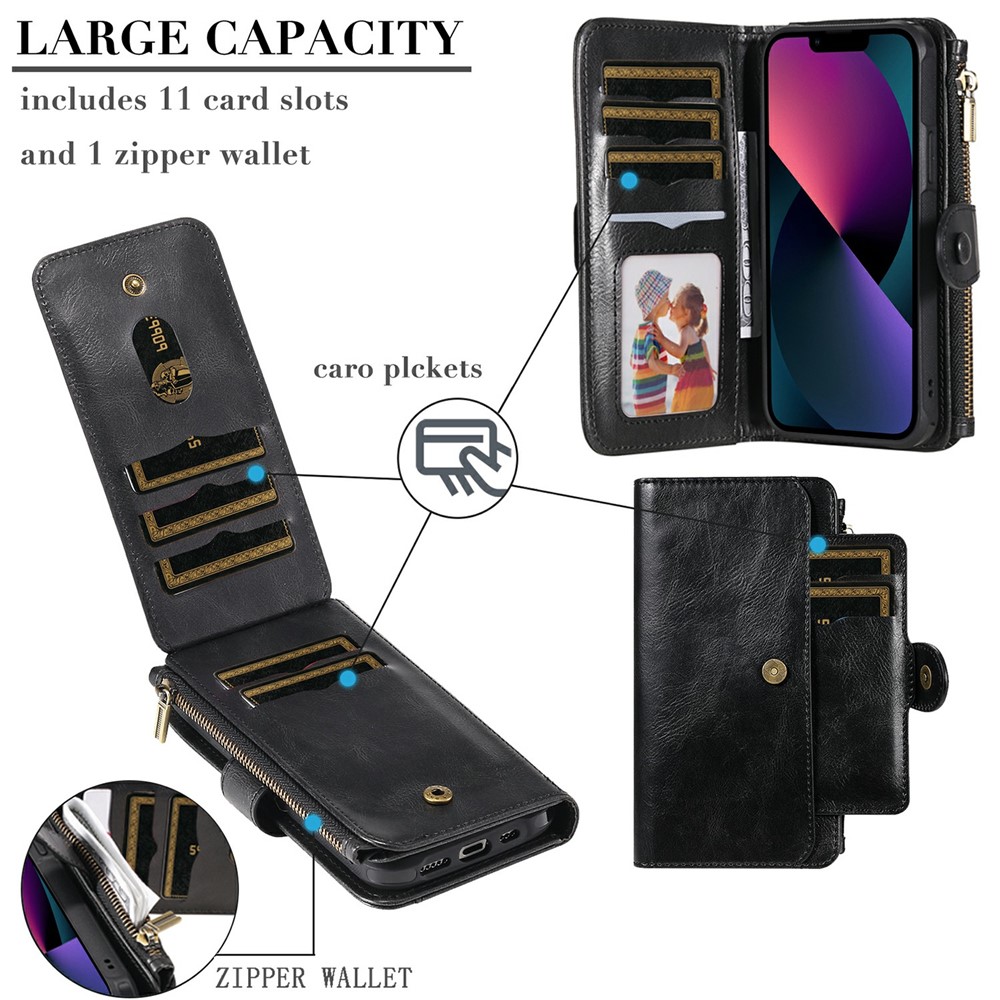 Vintage Style Multifunctional Vertical Flip Zipper Pocket Leather Cover Detachable Leather Coated TPU Phone Case for iPhone 13 mini 5.4 inch - Black-7