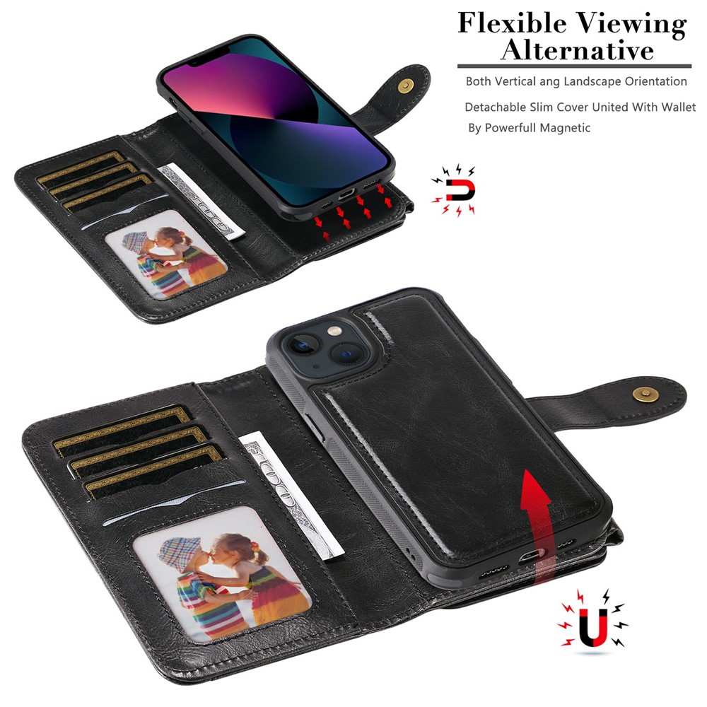Vintage Style Multifunctional Vertical Flip Zipper Pocket Leather Cover Detachable Leather Coated TPU Phone Case for iPhone 13 mini 5.4 inch - Black-9