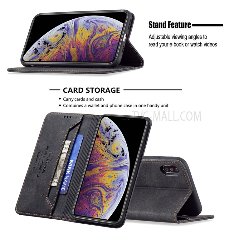 BINFEN COLOR Anti-swiping Design Shock Buffer Auto-absorbed Magnetic Closure PU Leather Phone Case Stand Wallet Cover for iPhone XS Max 6.5 inch - Black-2