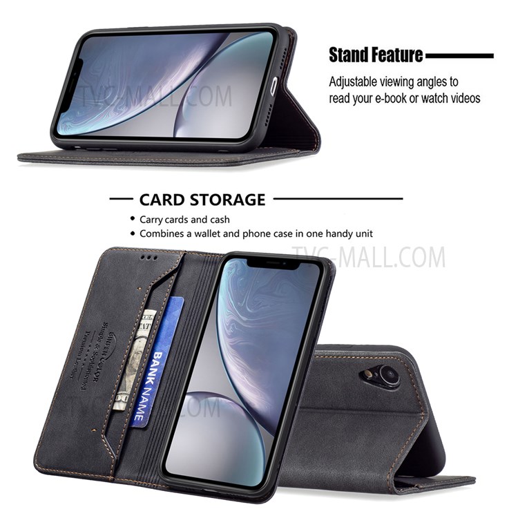 BINFEN COLOR Anti-swiping Design Anti-collision Auto-absorbed Magnetic Closure PU Leather Phone Case Stand Wallet Cover for iPhone XR 6.1 inch - Black-2