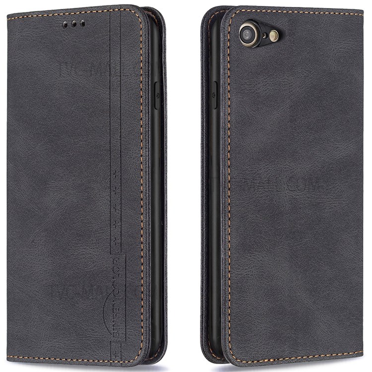 BINFEN COLOR Drop Damping Anti-swiping Design PU Leather Phone Case Stand Cover for iPhone 7/8/SE - Black-1