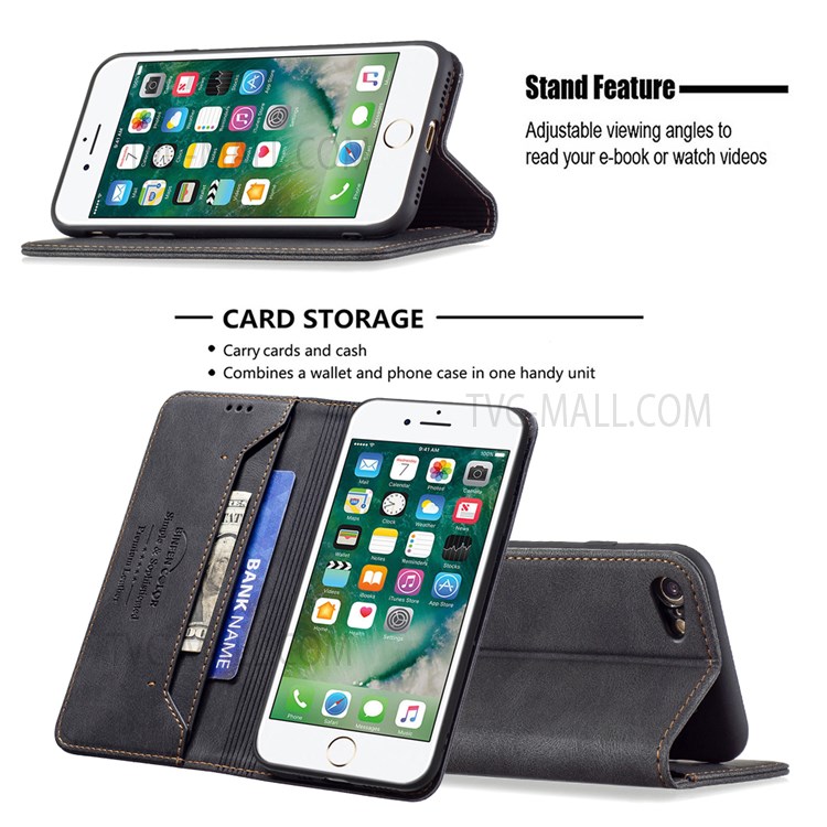 BINFEN COLOR Drop Damping Anti-swiping Design PU Leather Phone Case Stand Cover for iPhone 7/8/SE - Black-2