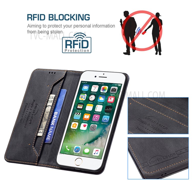BINFEN COLOR Drop Damping Anti-swiping Design PU Leather Phone Case Stand Cover for iPhone 7/8/SE - Black-3