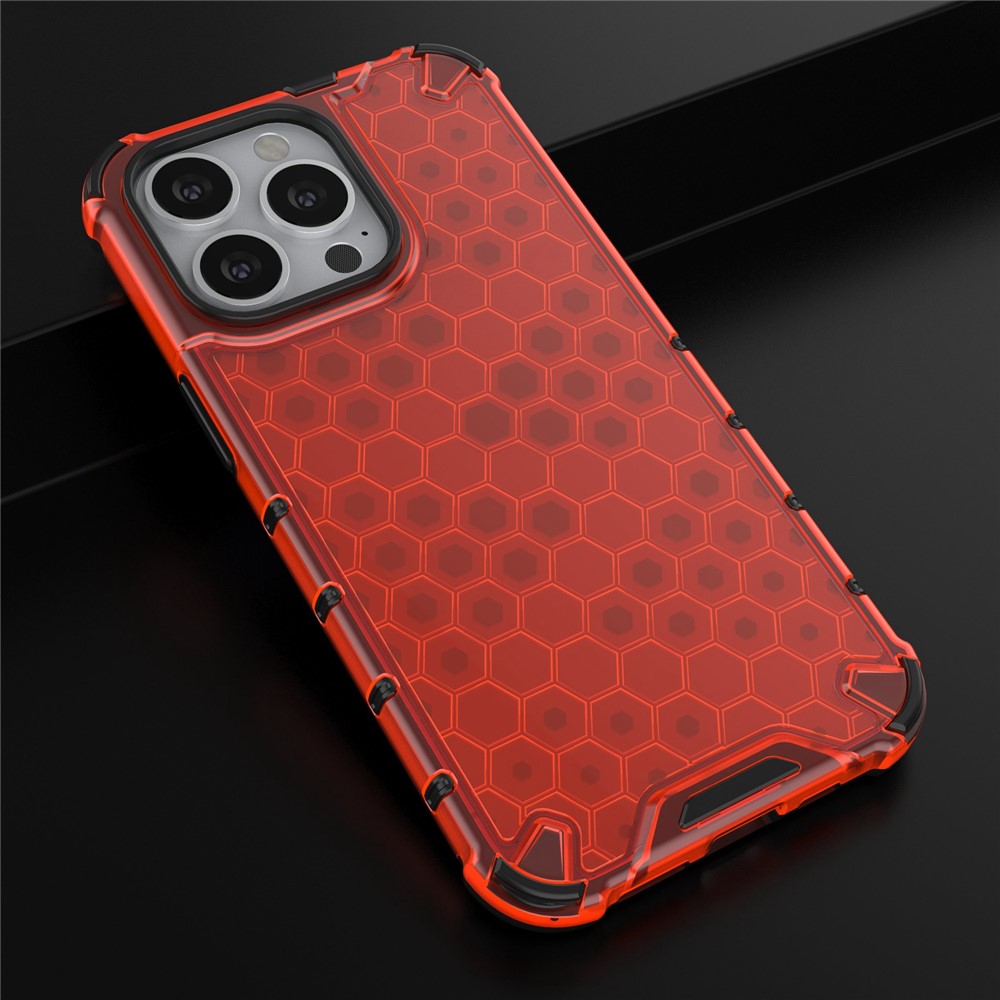 Quality Phone Cover Hard PC+TPU Honeycomb Design Shock-Absorbed Phone Case with Hanging String for iPhone 13 Pro 6.1 inch - Red-5