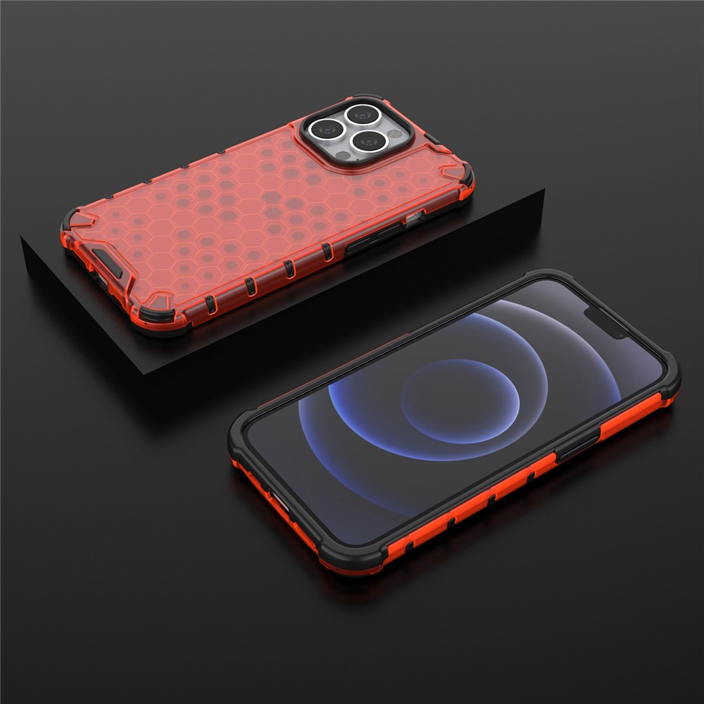 Quality Phone Cover Hard PC+TPU Honeycomb Design Shock-Absorbed Phone Case with Hanging String for iPhone 13 Pro 6.1 inch - Red-6