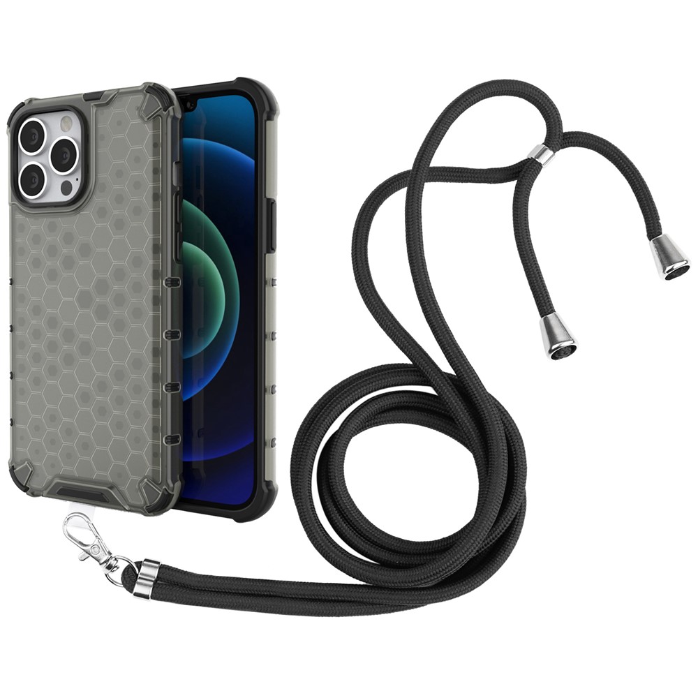 Scratch Resistant Hard PC+TPU Honeycomb Design Shock-Absorbed Phone Case with Hanging String for iPhone 13 Pro Max 6.7 inch - Black-1