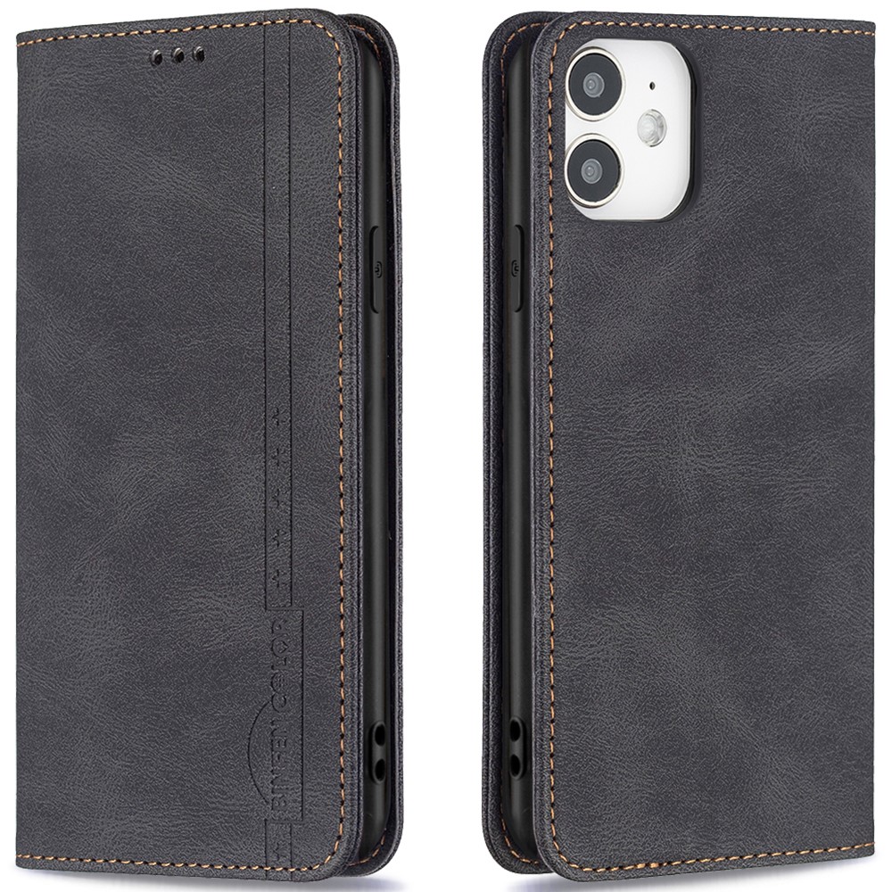 BINFEN COLOR Stylish RFID Blocking Design Wear-resistant PU Leather Phone Case Anti-drop Stand Cover for iPhone 12 mini 5.4 inch - Black-1