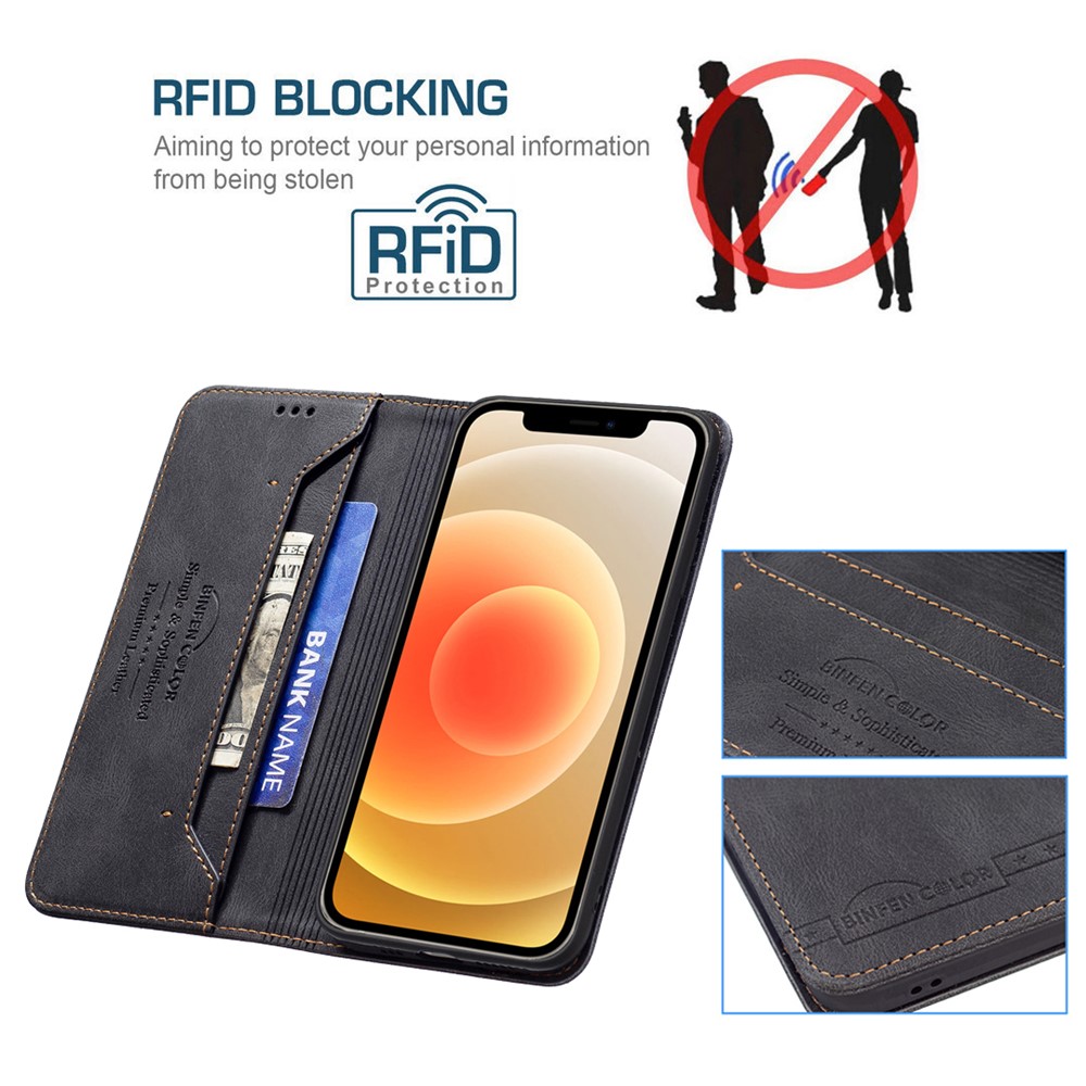 BINFEN COLOR Stylish RFID Blocking Design Wear-resistant PU Leather Phone Case Anti-drop Stand Cover for iPhone 12 mini 5.4 inch - Black-3
