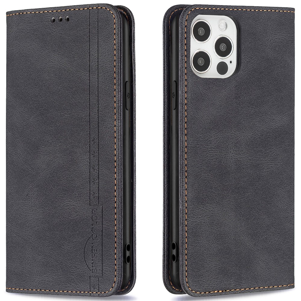 BINFEN COLOR Dust-proof Stand Cover RFID Blocking Design PU Leather Phone Case Cell Phone Protector for iPhone 12 6.1 inch/12 Pro - Black-1