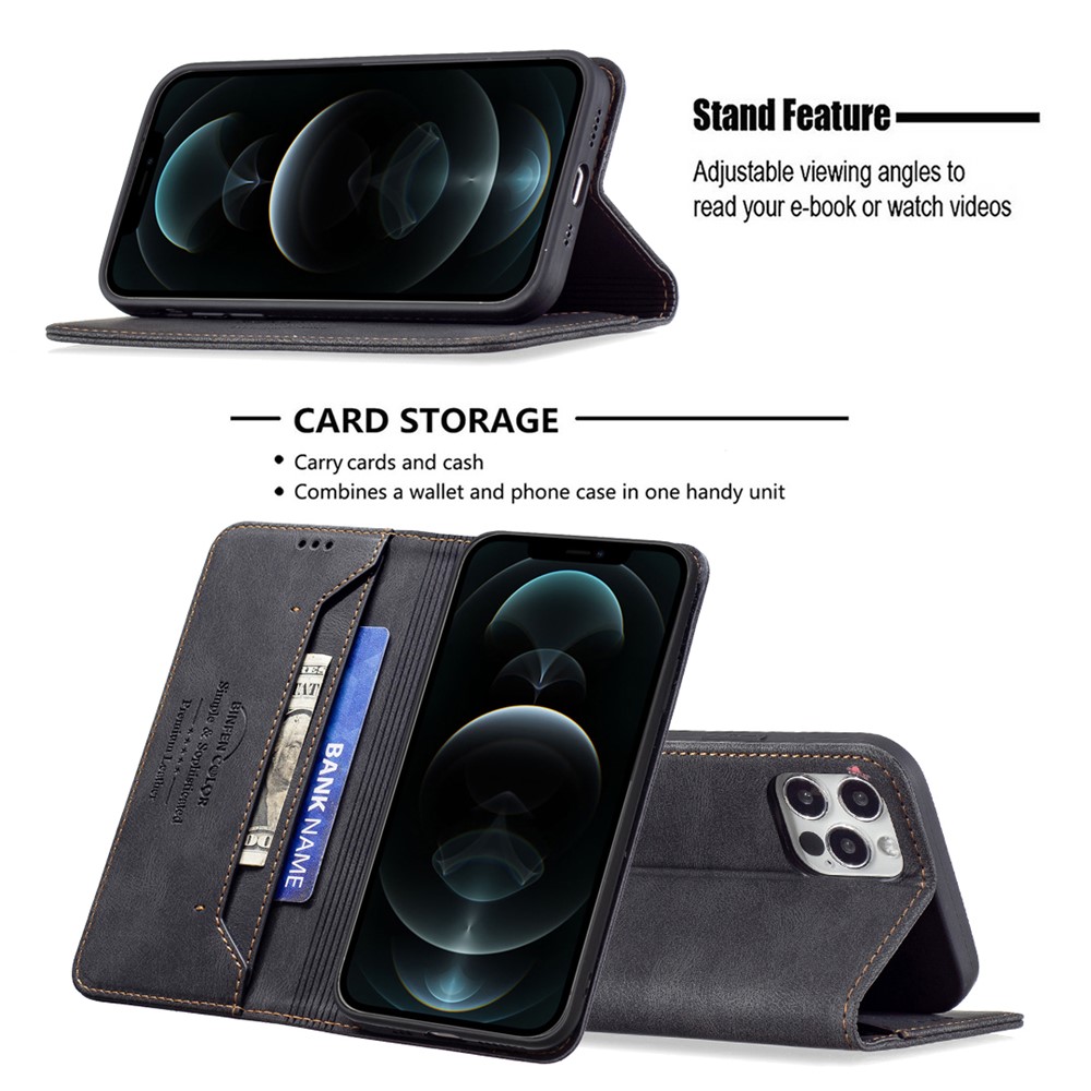 BINFEN COLOR Dust-proof Stand Cover RFID Blocking Design PU Leather Phone Case Cell Phone Protector for iPhone 12 6.1 inch/12 Pro - Black-2