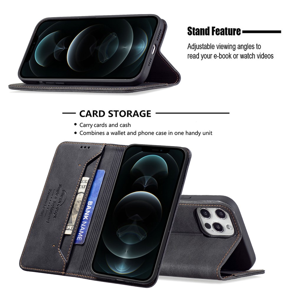 BINFEN COLOR RFID Scratch Resistant Blocking Design Cell Phone Protective Cover PU Leather Phone Case for iPhone 12 Pro Max 6.7 inch - Black-2