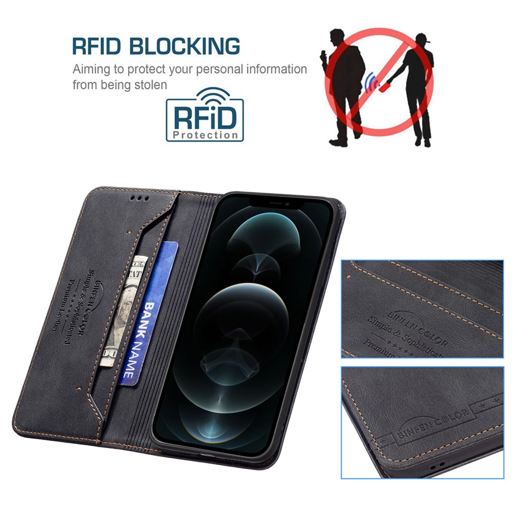 BINFEN COLOR RFID Scratch Resistant Blocking Design Cell Phone Protective Cover PU Leather Phone Case for iPhone 12 Pro Max 6.7 inch - Black-3