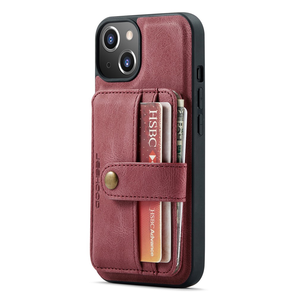 JEEHOOD Detachable 2-in-1 Magnetic Card Slots RFID Blocking Anti-Drop PU Leather Phone Case for iPhone 13 mini 5.4 inch - Red