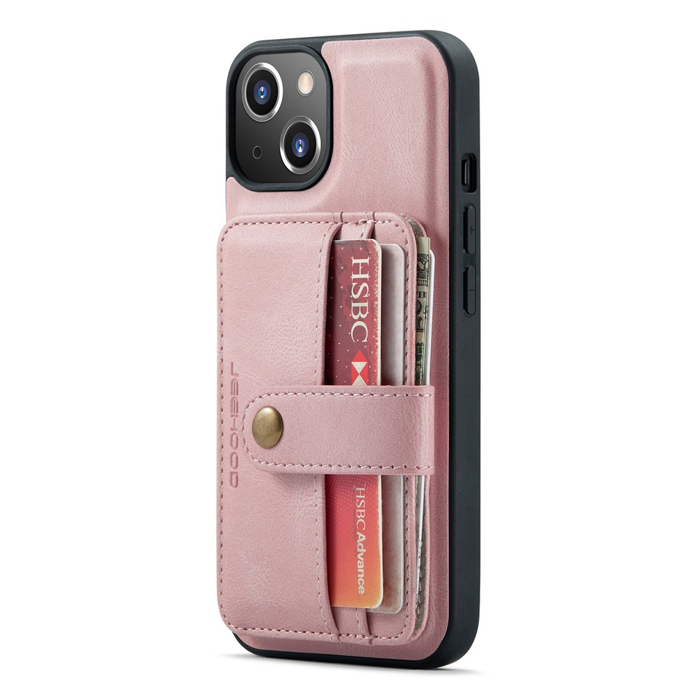 JEEHOOD Detachable 2-in-1 Magnetic Card Slots RFID Blocking Anti-Drop PU Leather Phone Case for iPhone 13 mini 5.4 inch - Pink