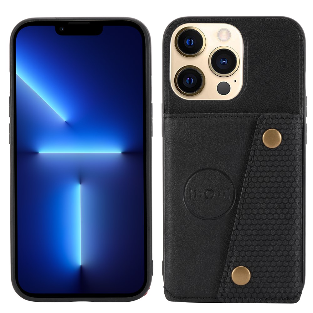 Double Buttons Closure PU Leather Coated TPU Case Phone Cover with Kickstand and Card Slots for iPhone 13 Pro 6.1 inch - Black-1
