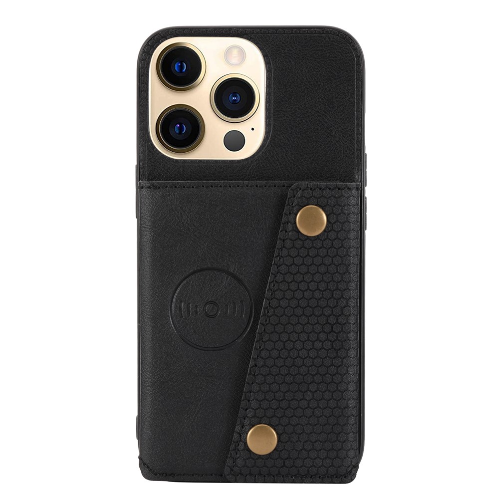 Double Buttons Closure PU Leather Coated TPU Case Phone Cover with Kickstand and Card Slots for iPhone 13 Pro 6.1 inch - Black-2