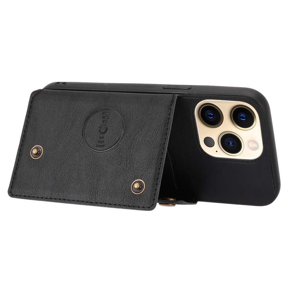 Double Buttons Closure PU Leather Coated TPU Case Phone Cover with Kickstand and Card Slots for iPhone 13 Pro 6.1 inch - Black-3