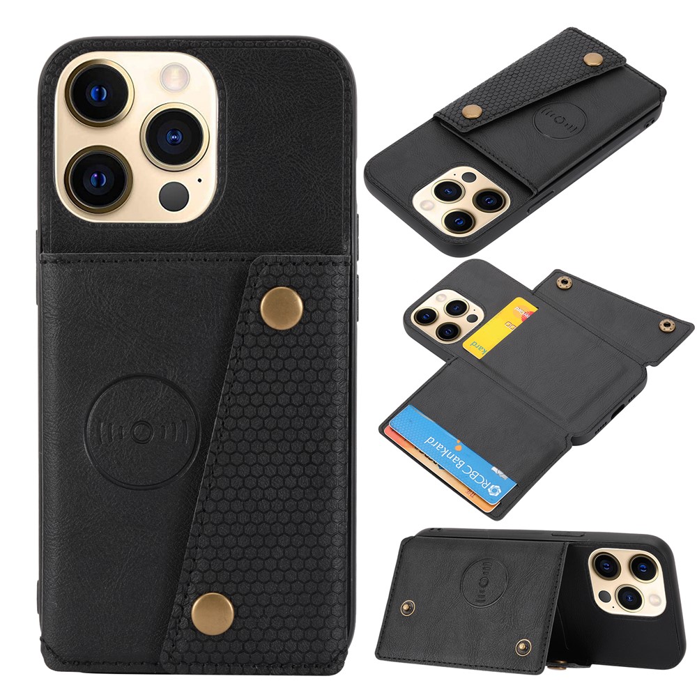 Double Buttons Closure PU Leather Coated TPU Case Phone Cover with Kickstand and Card Slots for iPhone 13 Pro 6.1 inch - Black-8