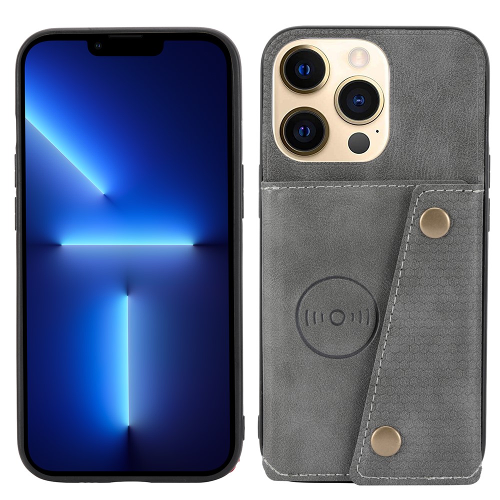 Double Buttons Closure PU Leather Coated TPU Case Phone Cover with Kickstand and Card Slots for iPhone 13 Pro 6.1 inch - Grey-1