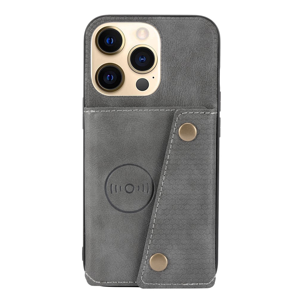 Double Buttons Closure PU Leather Coated TPU Case Phone Cover with Kickstand and Card Slots for iPhone 13 Pro 6.1 inch - Grey-2