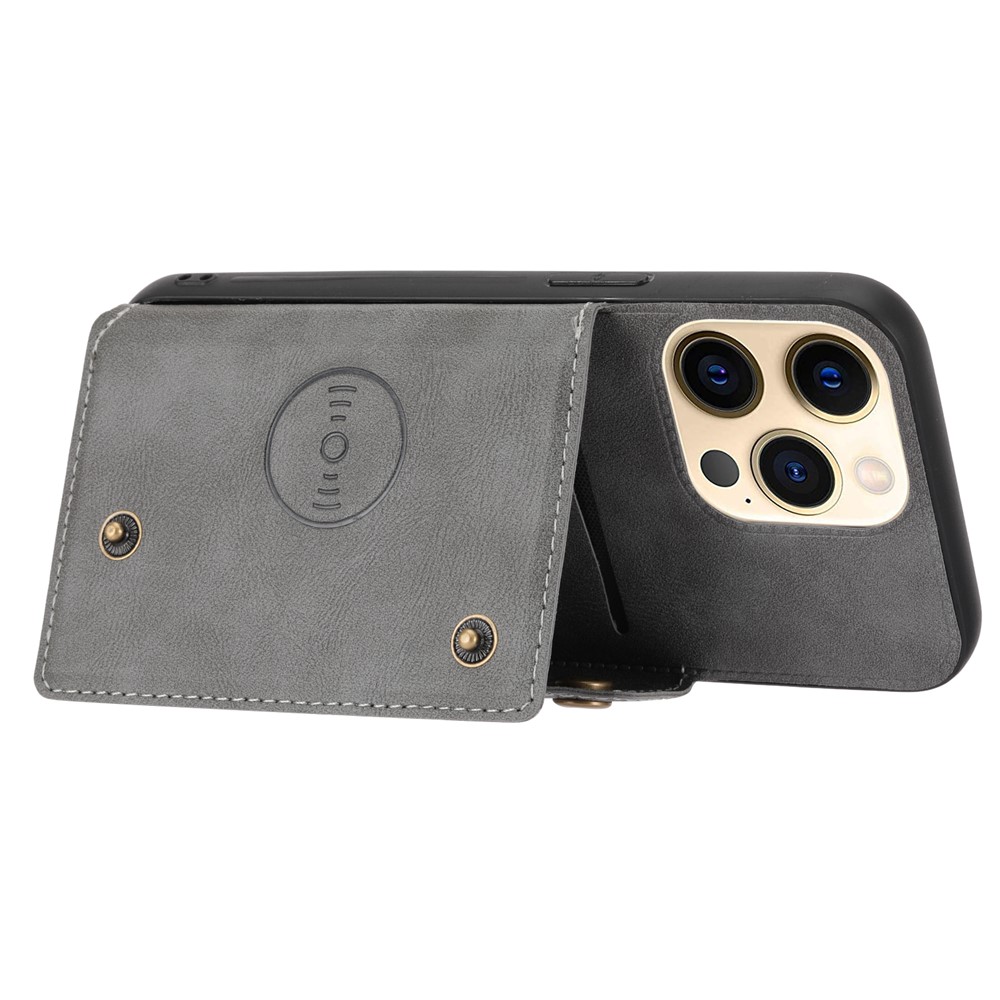 Double Buttons Closure PU Leather Coated TPU Case Phone Cover with Kickstand and Card Slots for iPhone 13 Pro 6.1 inch - Grey-3