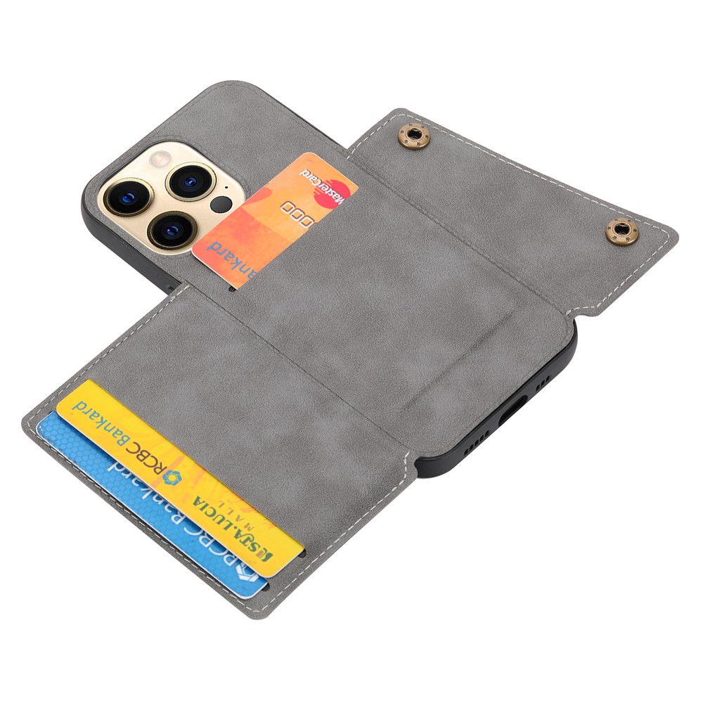 Double Buttons Closure PU Leather Coated TPU Case Phone Cover with Kickstand and Card Slots for iPhone 13 Pro 6.1 inch - Grey-4