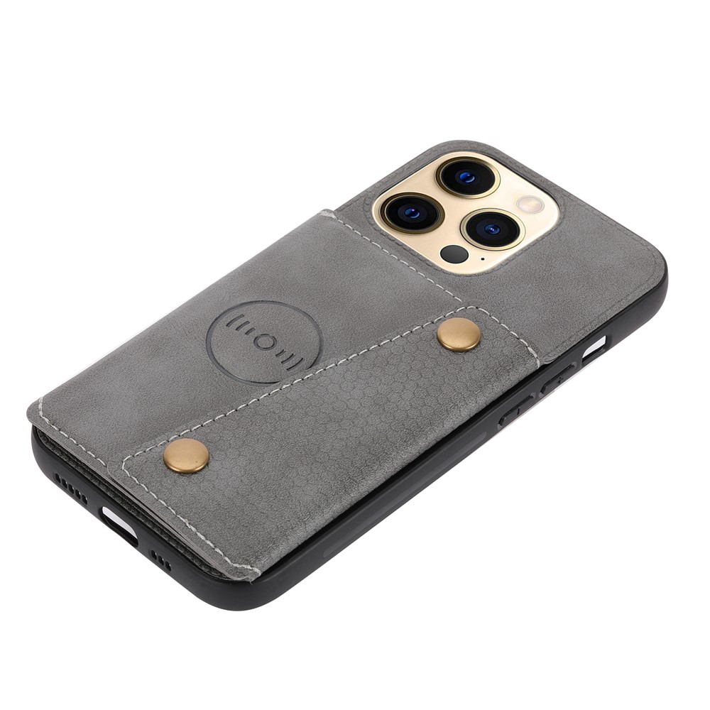 Double Buttons Closure PU Leather Coated TPU Case Phone Cover with Kickstand and Card Slots for iPhone 13 Pro 6.1 inch - Grey-5