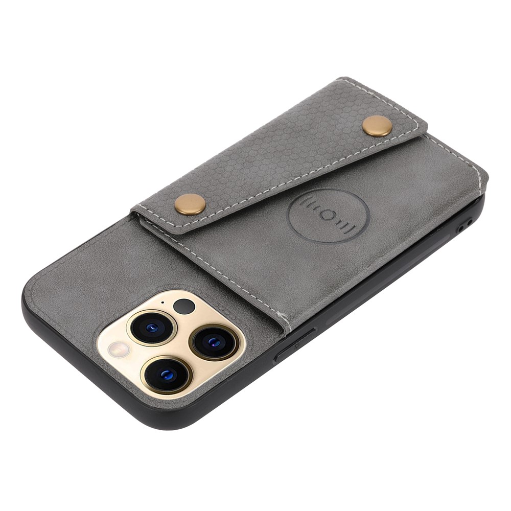 Double Buttons Closure PU Leather Coated TPU Case Phone Cover with Kickstand and Card Slots for iPhone 13 Pro 6.1 inch - Grey-6