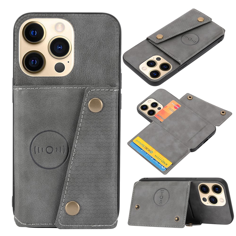 Double Buttons Closure PU Leather Coated TPU Case Phone Cover with Kickstand and Card Slots for iPhone 13 Pro 6.1 inch - Grey-8