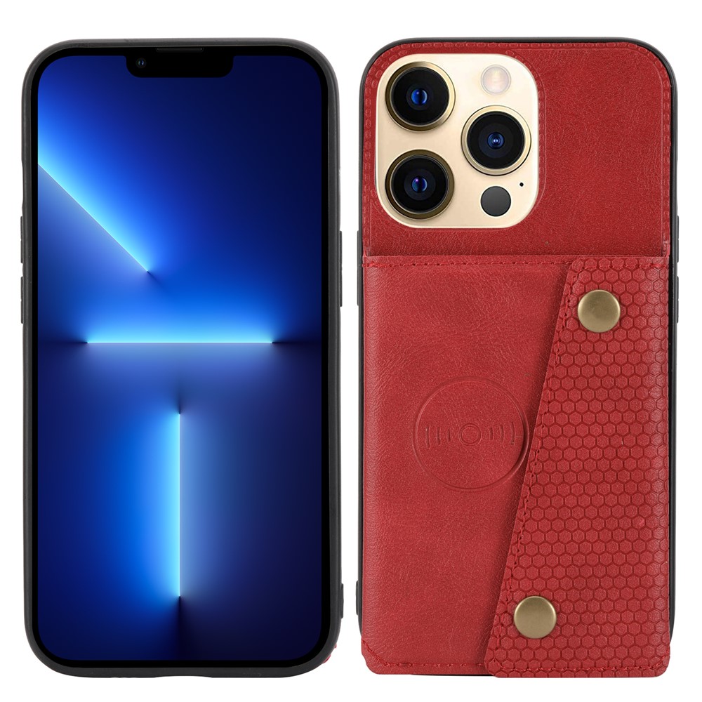 Double Buttons Closure PU Leather Coated TPU Case Phone Cover with Kickstand and Card Slots for iPhone 13 Pro 6.1 inch - Red-1