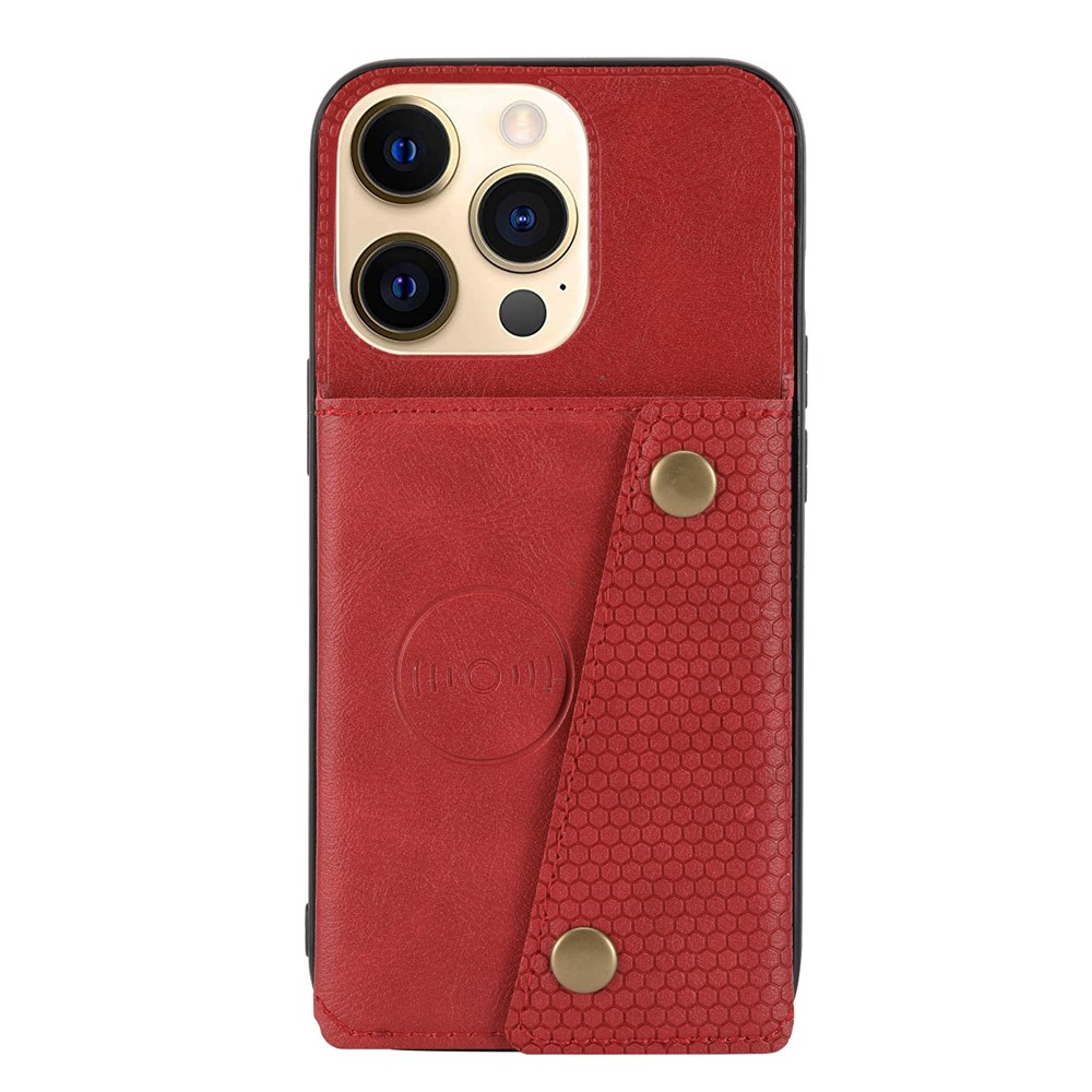 Double Buttons Closure PU Leather Coated TPU Case Phone Cover with Kickstand and Card Slots for iPhone 13 Pro 6.1 inch - Red-2