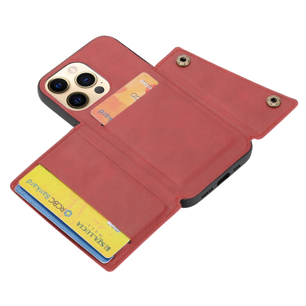 Double Buttons Closure PU Leather Coated TPU Case Phone Cover with Kickstand and Card Slots for iPhone 13 Pro 6.1 inch - Red-4