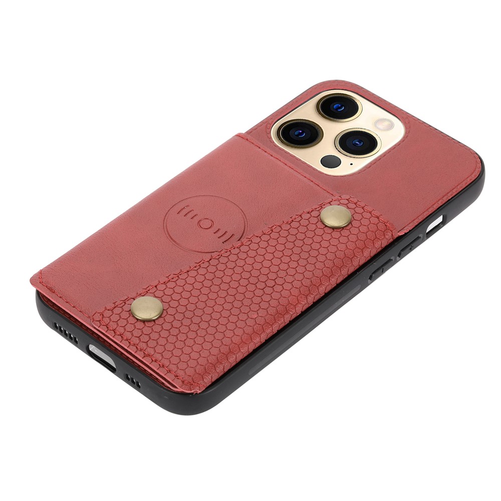 Double Buttons Closure PU Leather Coated TPU Case Phone Cover with Kickstand and Card Slots for iPhone 13 Pro 6.1 inch - Red-5