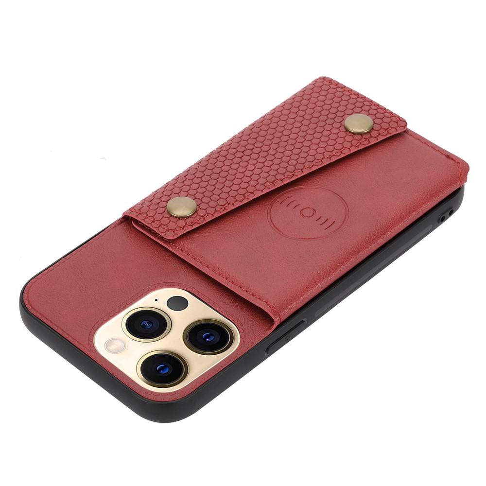 Double Buttons Closure PU Leather Coated TPU Case Phone Cover with Kickstand and Card Slots for iPhone 13 Pro 6.1 inch - Red-6