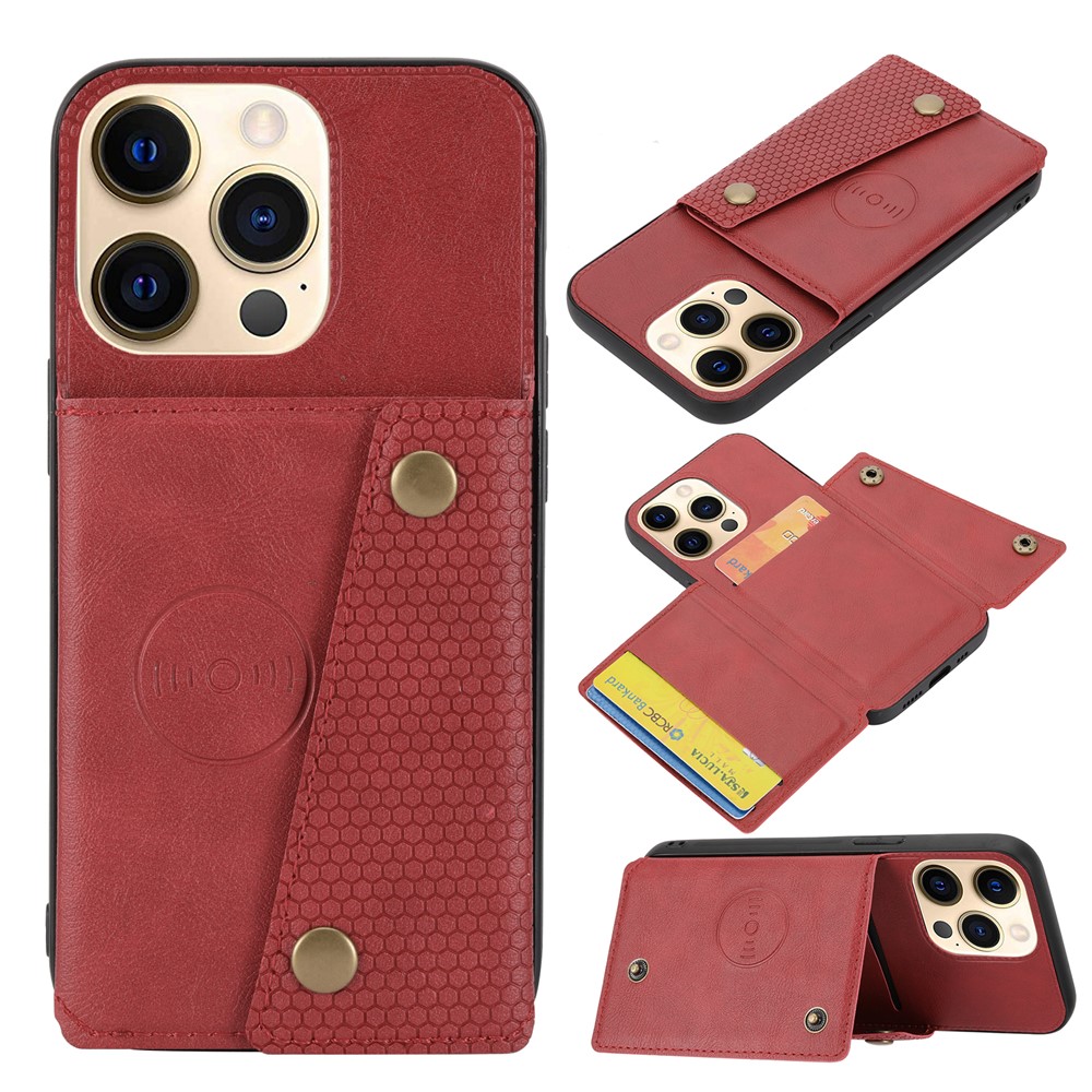 Double Buttons Closure PU Leather Coated TPU Case Phone Cover with Kickstand and Card Slots for iPhone 13 Pro 6.1 inch - Red-8