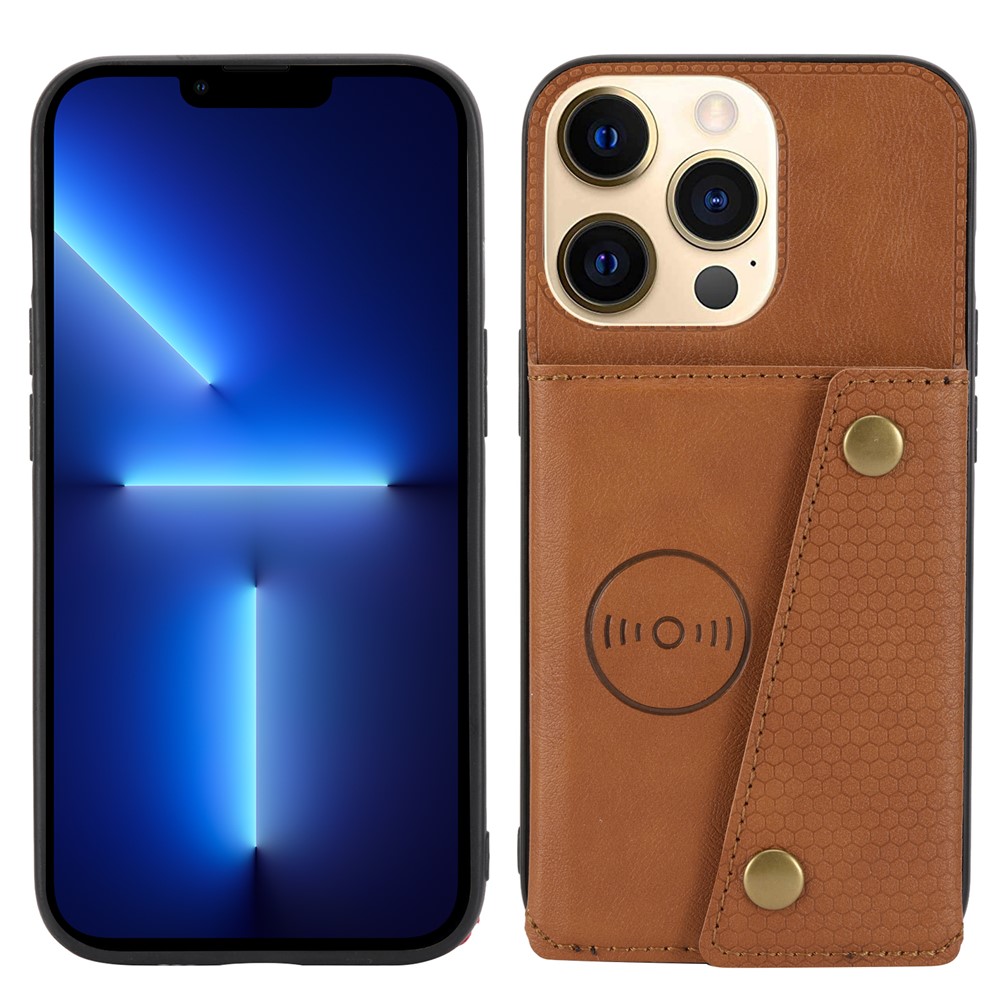 Double Buttons Closure PU Leather Coated TPU Case Phone Cover with Kickstand and Card Slots for iPhone 13 Pro 6.1 inch - Light Brown-1
