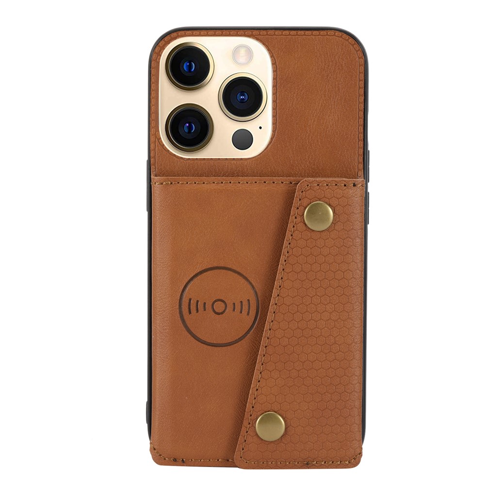 Double Buttons Closure PU Leather Coated TPU Case Phone Cover with Kickstand and Card Slots for iPhone 13 Pro 6.1 inch - Light Brown-2