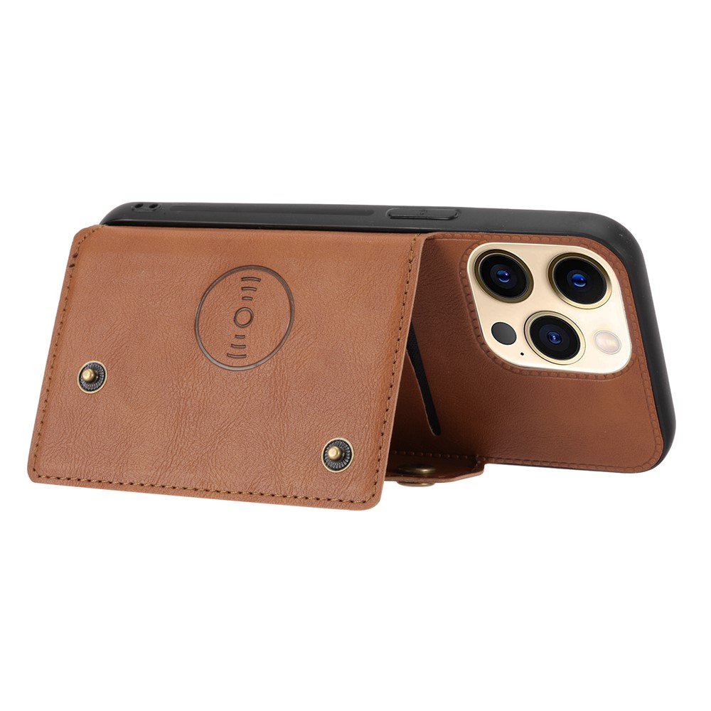 Double Buttons Closure PU Leather Coated TPU Case Phone Cover with Kickstand and Card Slots for iPhone 13 Pro 6.1 inch - Light Brown-3