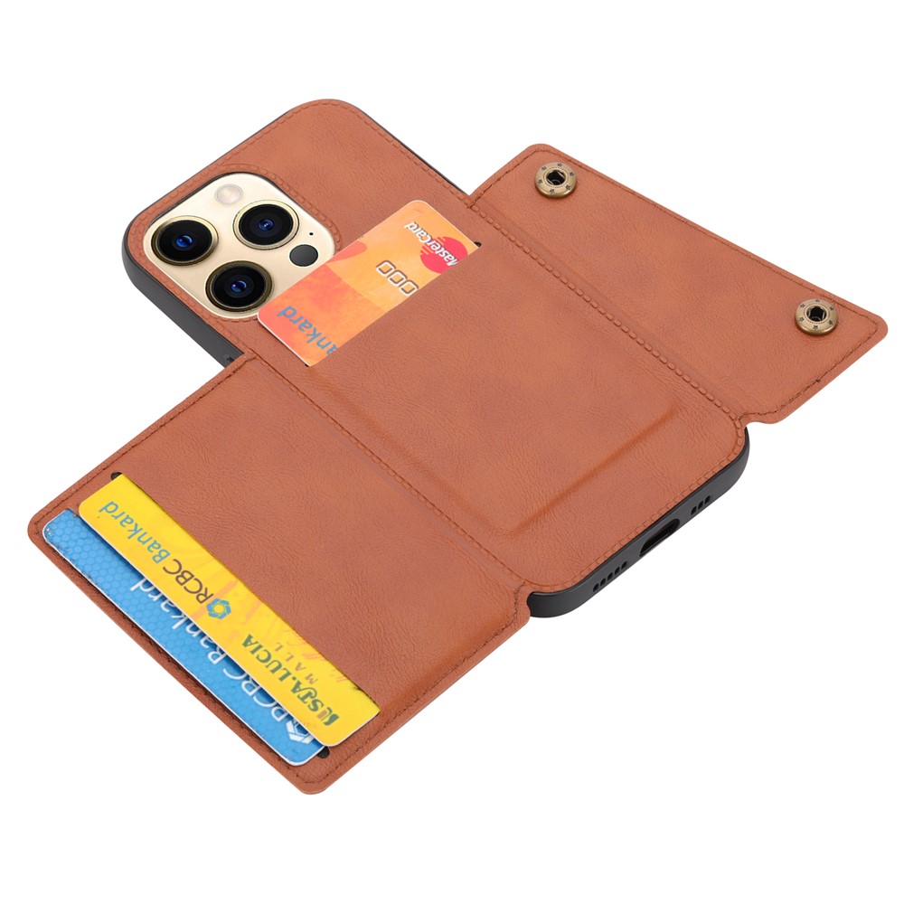 Double Buttons Closure PU Leather Coated TPU Case Phone Cover with Kickstand and Card Slots for iPhone 13 Pro 6.1 inch - Light Brown-4
