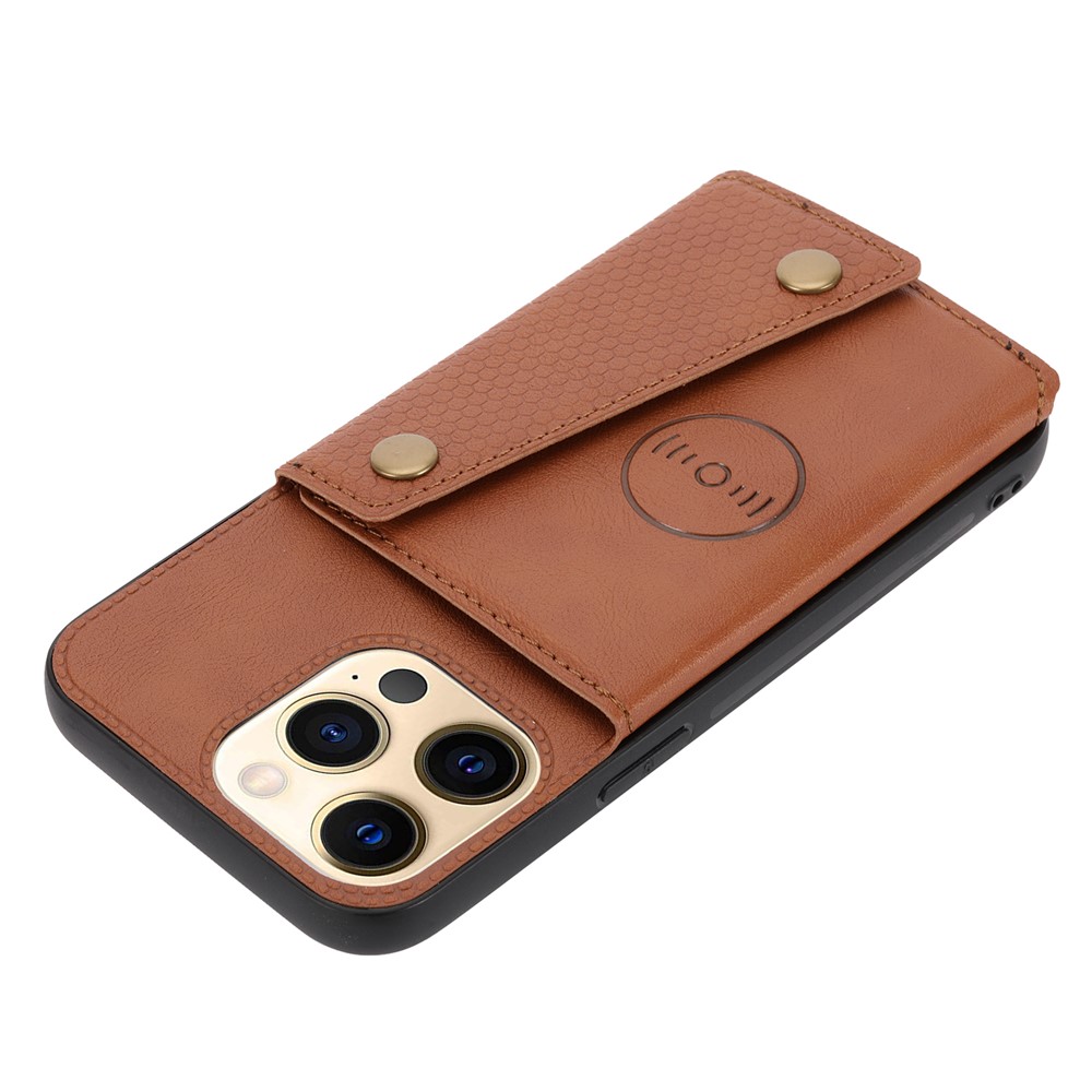 Double Buttons Closure PU Leather Coated TPU Case Phone Cover with Kickstand and Card Slots for iPhone 13 Pro 6.1 inch - Light Brown-6