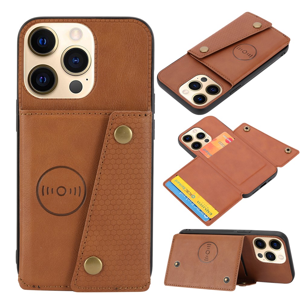 Double Buttons Closure PU Leather Coated TPU Case Phone Cover with Kickstand and Card Slots for iPhone 13 Pro 6.1 inch - Light Brown-8
