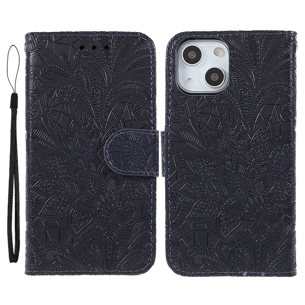 Lace Flowers Pattern Imprinting Folio Soft PU Leather Wallet Stand Magnetic Closure Cover with Wrist Strap for iPhone 13 mini 5.4 inch - Black